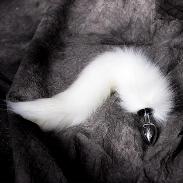 METAL BUTT PLUG WITH FOXY TAIL VELVET TOUCH 40 CM WHITE - IMAGE 2