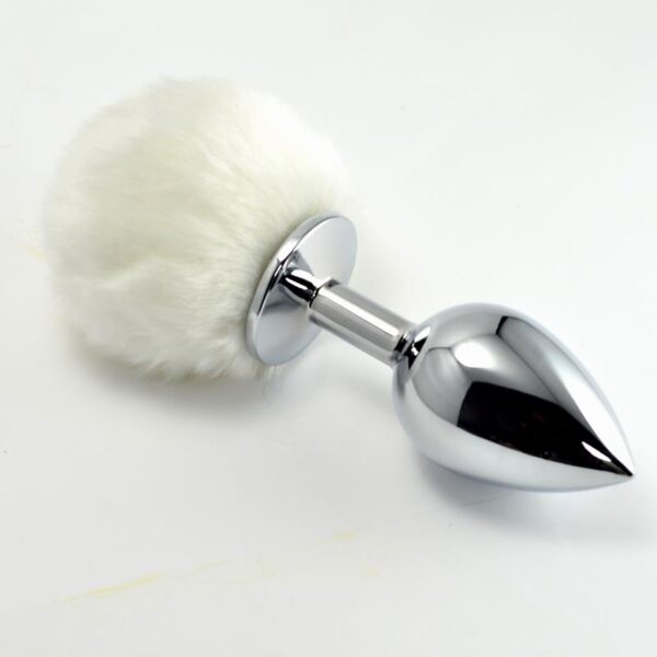 METAL BUTT PLUG WITH WHITE POMPON SIZE L