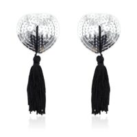 Self-Adhesive Heart Sequin Nipple Cover with Tassel Silver/Black